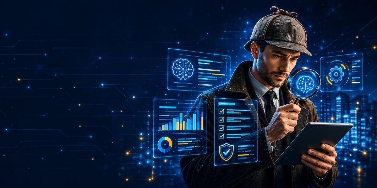 Auditor moderno con estilo detective analizando información en pantallas holográficas futuristas.