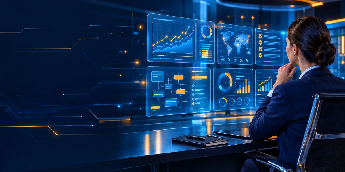 Auditora interna analizando dashboards holográficos en una sala de control futurista.
