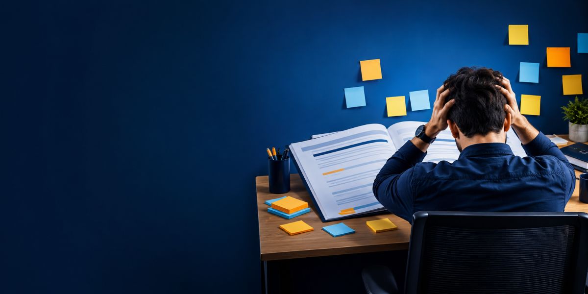 Profesional frente a una norma de calidad llena de post-its, reflejando la complejidad de interpretarla.